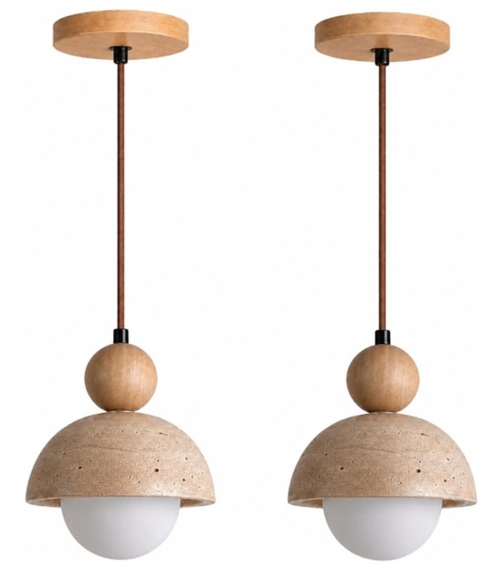 RENSTARYAN Travertine Pendant Lights 2-Pack Wood Wabi Sabi Hanging Fixture